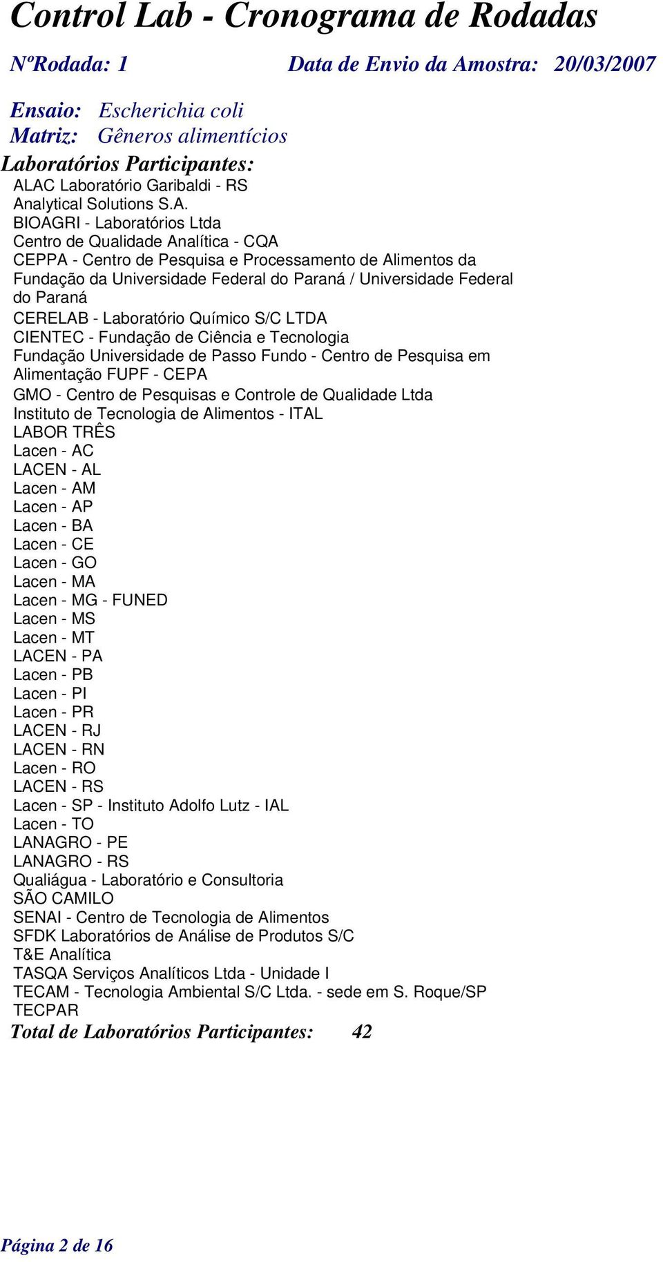 Fundo - Centro de Pesquisa em Alimentação FUPF - CEPA Lacen - AC LACEN - AL Lacen - BA Lacen - MA Lacen - MS Lacen - PI LACEN - RN Lacen