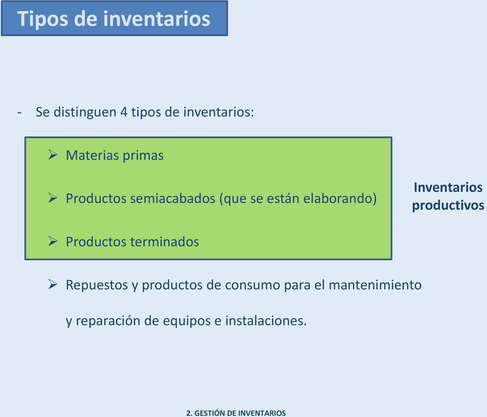 Inventarios productivos Productos terminados Repuestos y productos