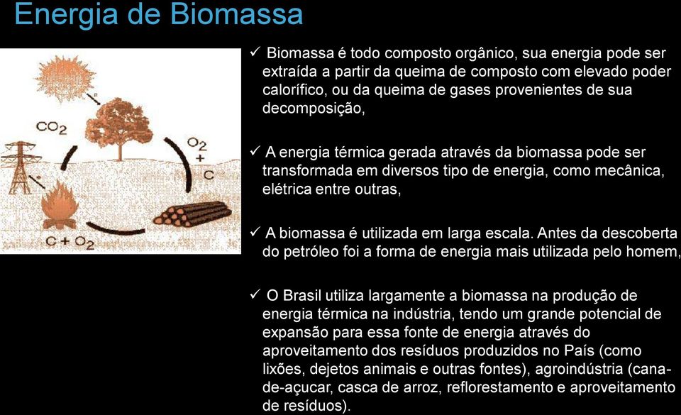 Antes da descoberta do petróleo foi a forma de energia mais utilizada pelo homem, O Brasil utiliza largamente a biomassa na produção de energia térmica na indústria, tendo um grande potencial de