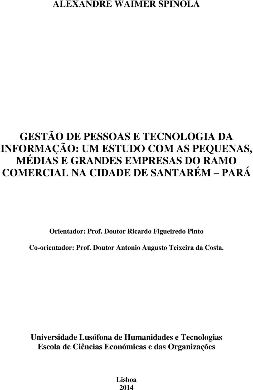 Doutor Ricardo Figueiredo Pinto Co-orientador: Prof. Doutor Antonio Augusto Teixeira da Costa.
