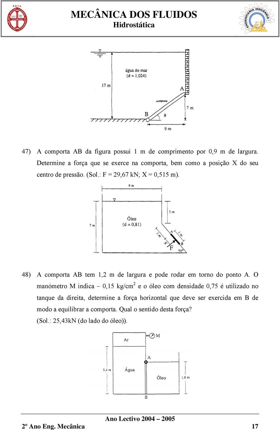 48) A comporta AB tem 1,2 m de largura e pode rodar em torno do ponto A.