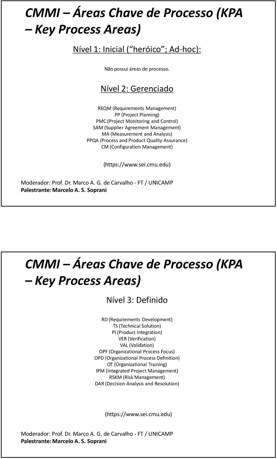 Product Quality Assurance) CM (Configuration Management) (https://www.sei.cmu.