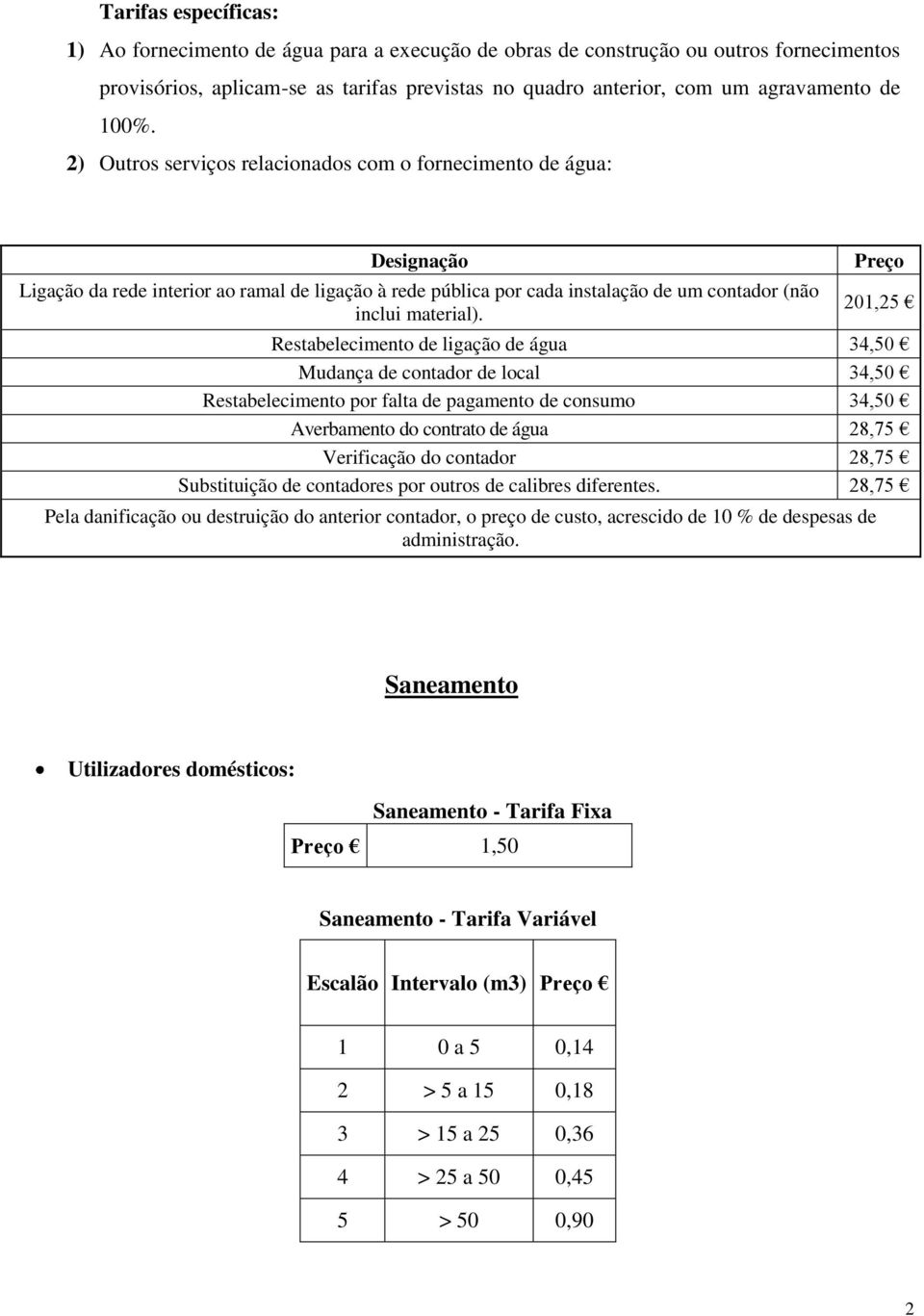 201,25 Restabelecimento de ligação de água 34,50 Mudança de contador de local 34,50 Restabelecimento por falta de pagamento de consumo 34,50 Averbamento do contrato de água 28,75 Verificação do