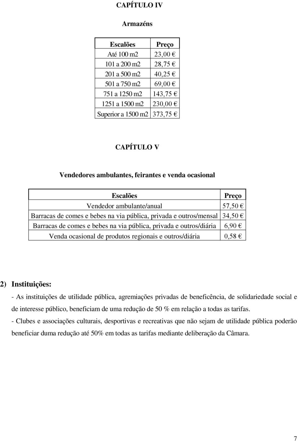 privada e outros/diária 6,90 Venda ocasional de produtos regionais e outros/diária 0,58 2) Instituições: - As instituições de utilidade pública, agremiações privadas de beneficência, de solidariedade