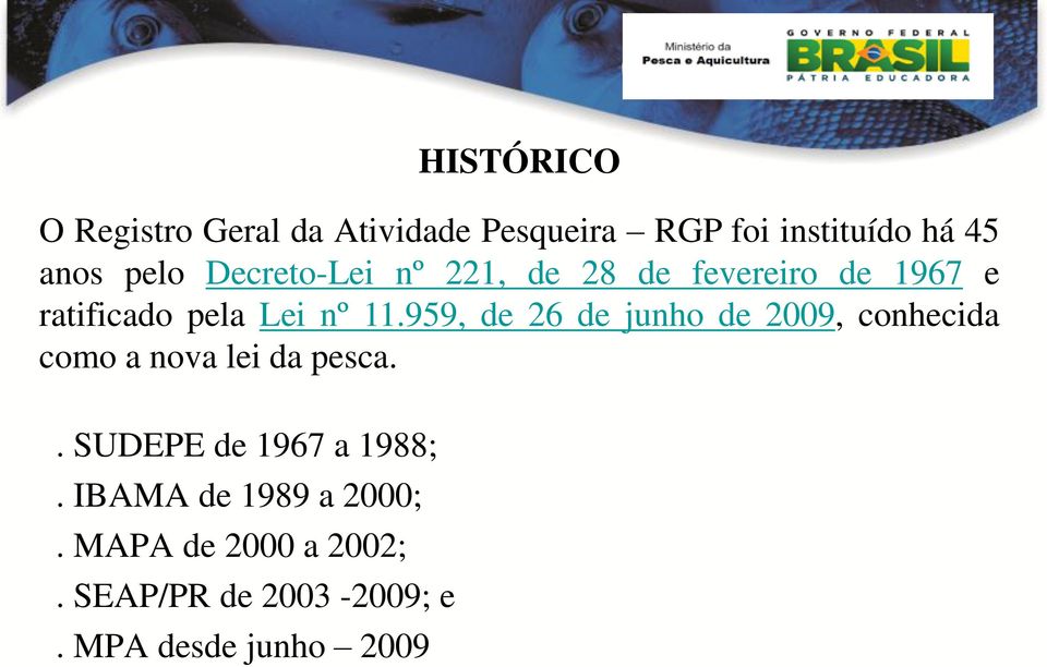 959, de 26 de junho de 2009, conhecida como a nova lei da pesca.