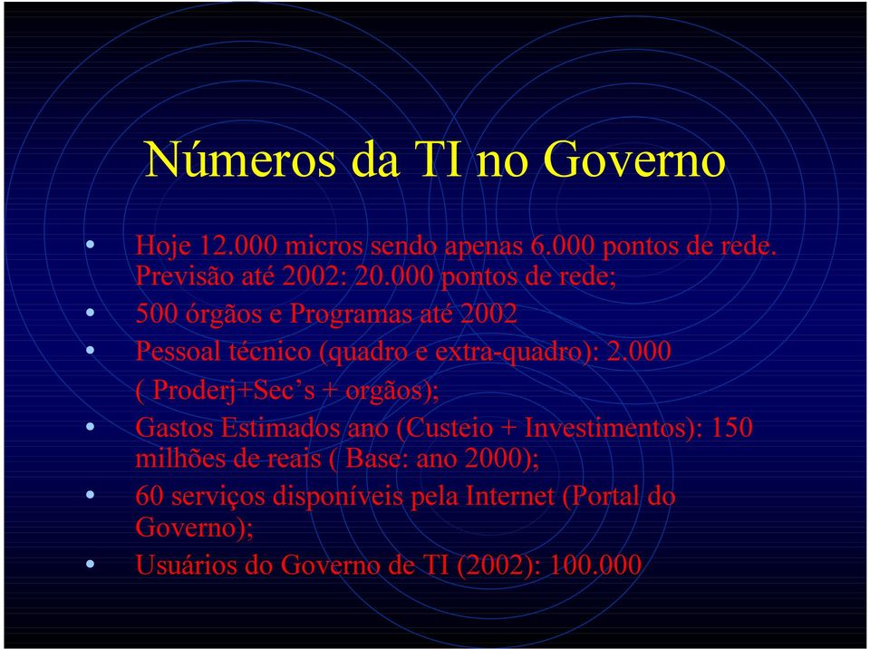 000 ( Proderj+Sec s + orgãos); Gastos Estimados ano (Custeio + Investimentos): 150 milhões de reais (