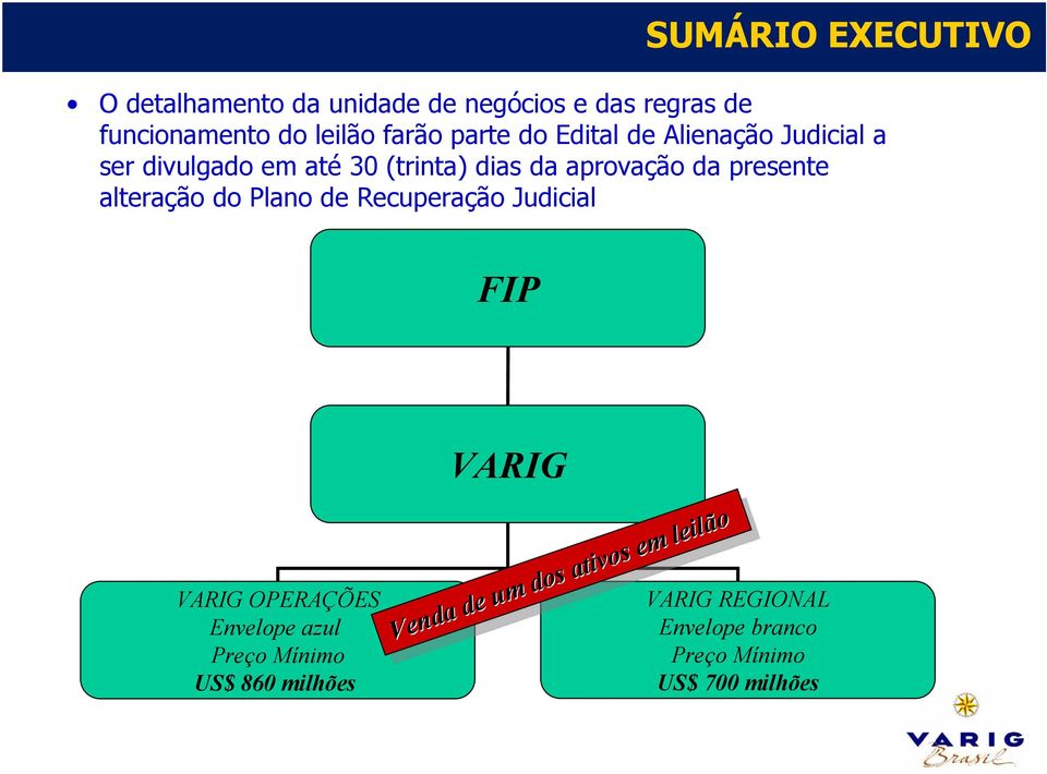 Recuperação Judicial FIP VARIG OPERAÇÕES Envelope azul Preço Mínimo US$ 860 milhões VARIG VARIG REGIONAL