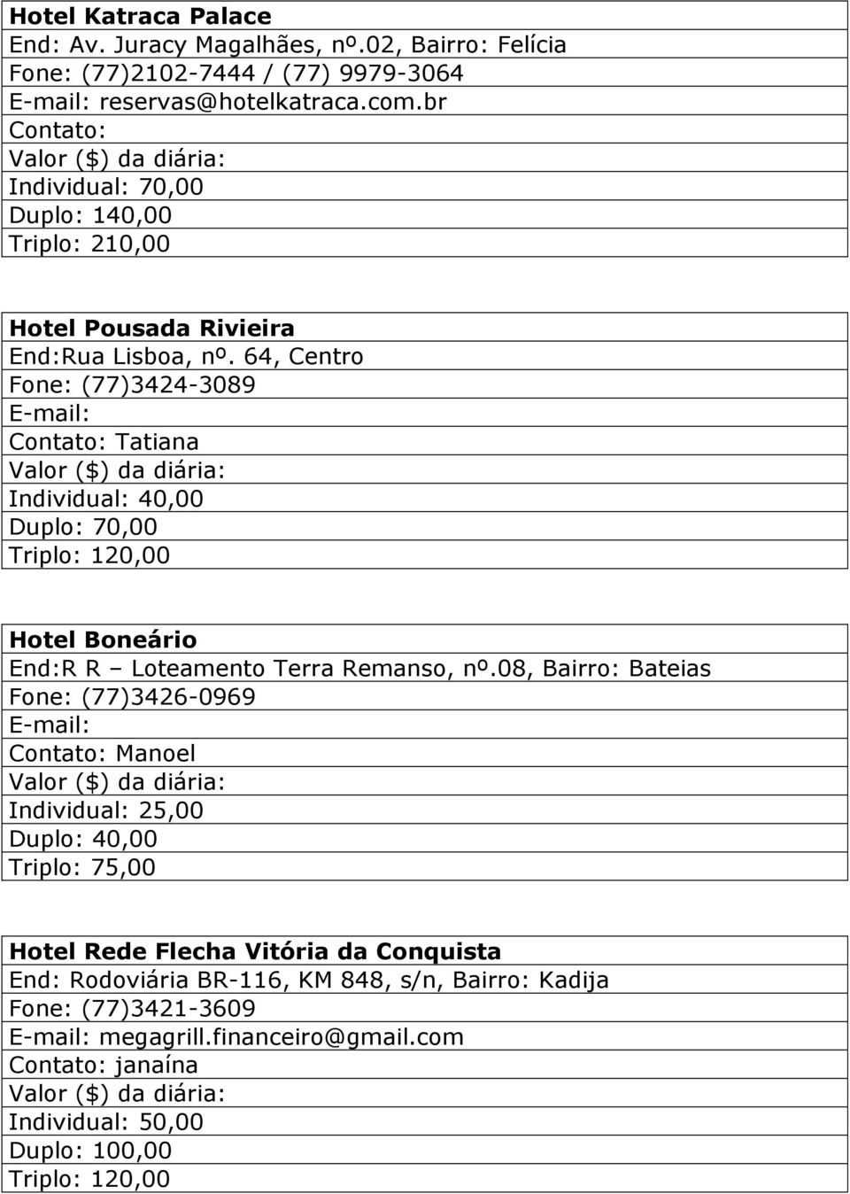 64, Centro Fone: (77)3424-3089 Tatiana Individual: 40,00 Duplo: 70,00 Triplo: 120,00 Hotel Boneário End:R R Loteamento Terra Remanso, nº.