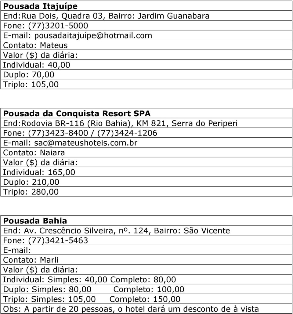 (77)3423-8400 / (77)3424-1206 sac@mateushoteis.com.br Naiara Individual: 165,00 Duplo: 210,00 Triplo: 280,00 Pousada Bahia End: Av. Crescêncio Silveira, nº.