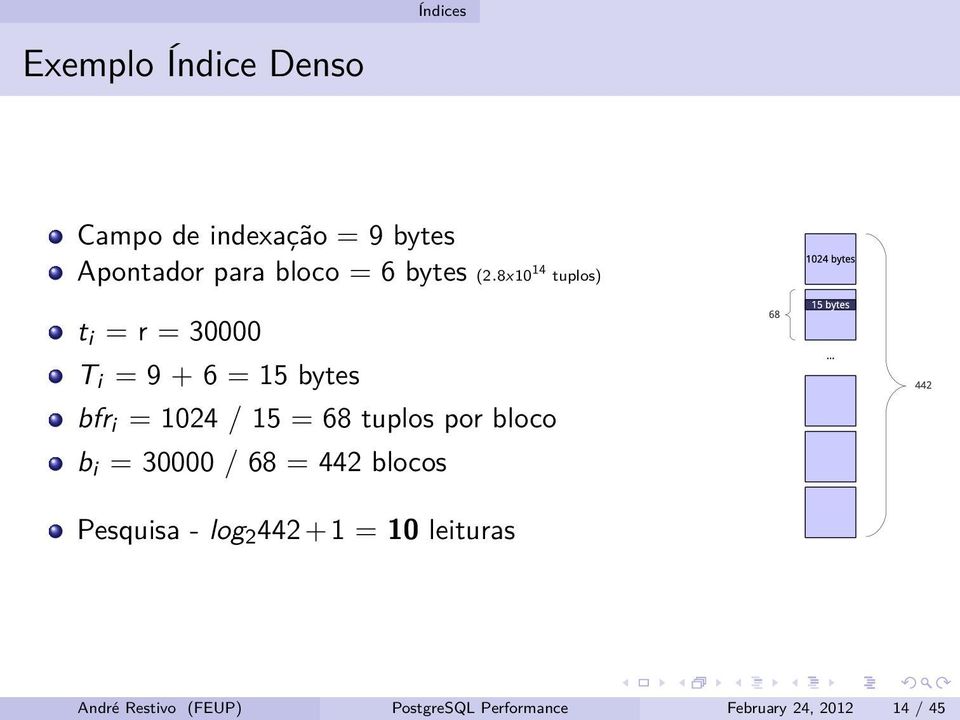 8x10 14 tuplos) t i = r = 30000 T i = 9 + 6 = 15 bytes bfr i = 1024 / 15 = 68