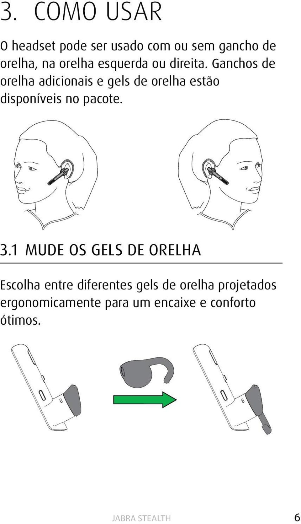 Ganchos de orelha adicionais e gels de orelha estão disponíveis no pacote.