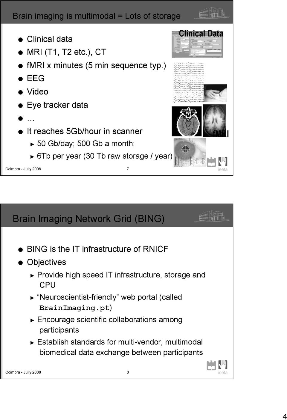 2008 7 Brain Imaging Network Grid (BING) BING is the IT infrastructure of RNICF Objectives Provide high speed IT infrastructure, storage and CPU