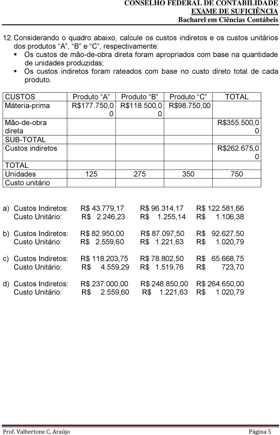 750,00 0 0 Mão-de-obra direta SUB-TOTAL Custos indiretos R$355.500,0 0 R$262.675,0 0 TOTAL Unidades 125 275 350 750 Custo unitário a) Custos Indiretos: R$ 43.779,17 R$ 96.314,17 R$ 122.