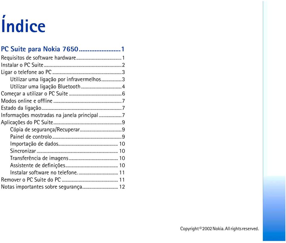 ..7 Estado da ligação...7 Informações mostradas na janela principal...7 Aplicações do PC Suite...9 Cópia de segurança/recuperar...9 Painel de controlo.