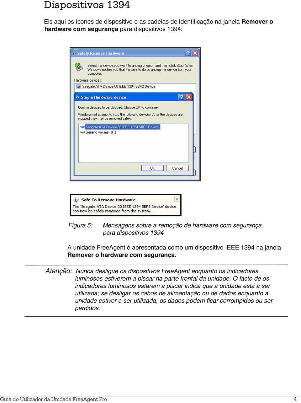 Atenção: Nunca desligue os dispositivos FreeAgent enquanto os indicadores luminosos estiverem a piscar na parte frontal da unidade.