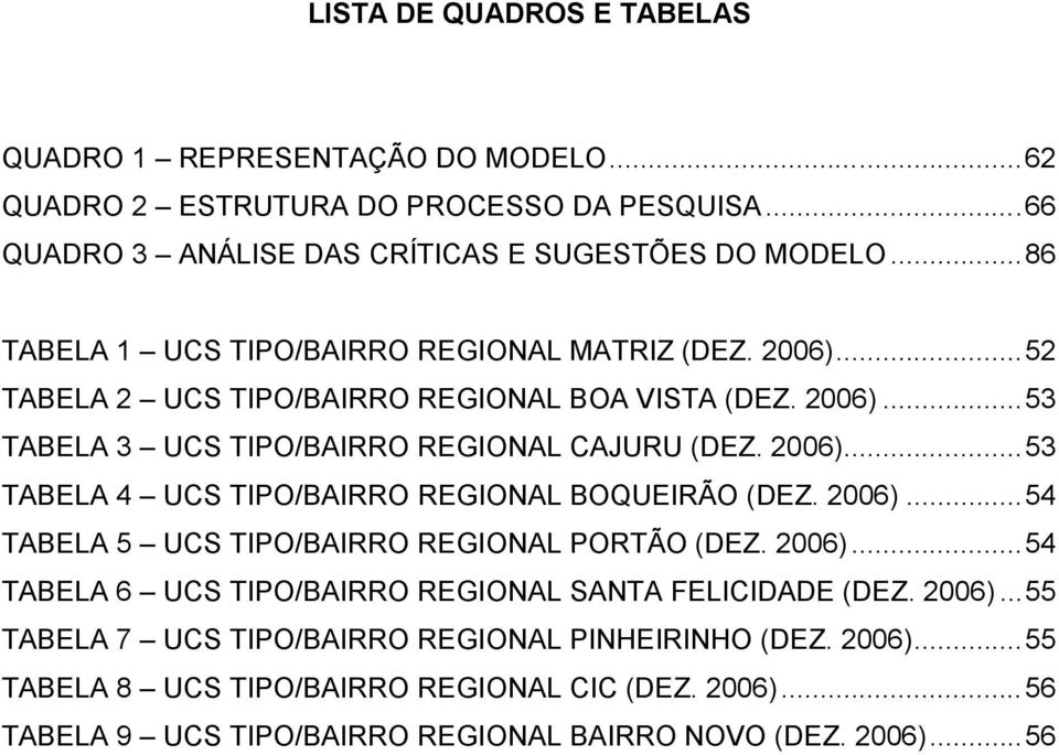 2006)...54 TABELA 5 UCS TIPO/BAIRRO REGIONAL PORTÃO (DEZ. 2006)...54 TABELA 6 UCS TIPO/BAIRRO REGIONAL SANTA FELICIDADE (DEZ. 2006)...55 TABELA 7 UCS TIPO/BAIRRO REGIONAL PINHEIRINHO (DEZ.