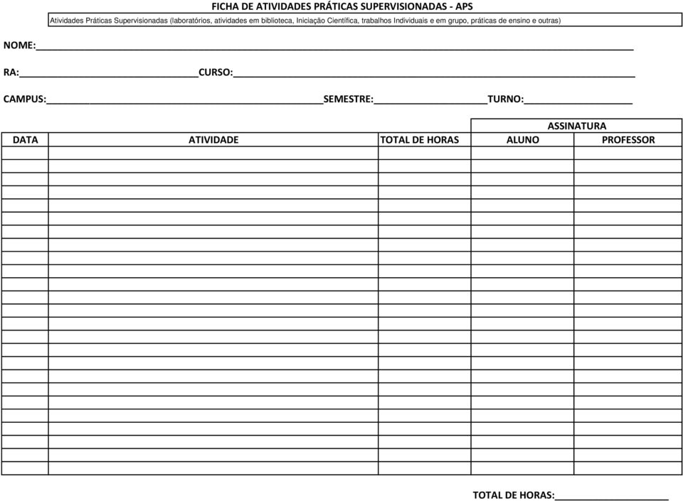 trabalhos Individuais e em grupo, práticas de ensino e outras) NOME: RA: CURSO: