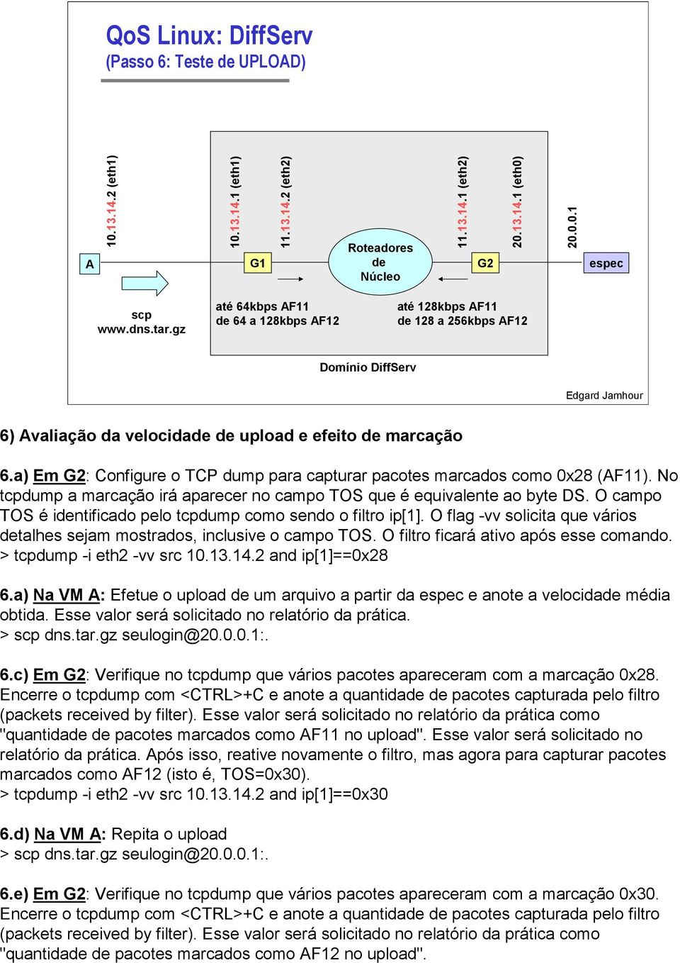 a) Em G2: Configure o TCP dump para capturar pacotes marcados como 0x28 (AF11). No tcpdump a marcação irá aparecer no campo TOS que é equivalente ao byte DS.