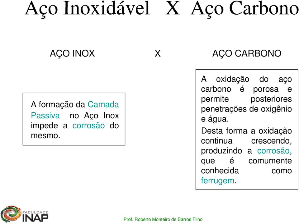 A oxidação do aço carbono é porosa e permite posteriores penetrações de