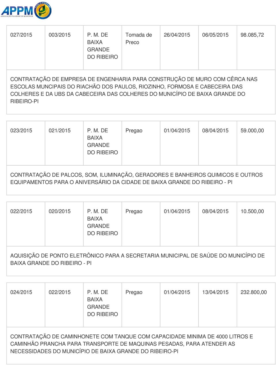 COLHERES DO MUNICÍPIO DE DO -PI 023/2015 021/2015 P. M. DE Pregao 01/04/2015 08/04/2015 59.