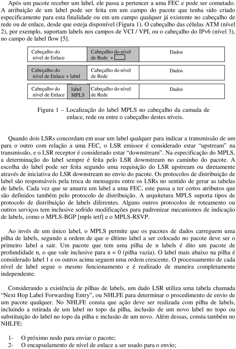 que esteja disponível (Figura 1). O cabeçalho das células ATM (nível 2), por exemplo, suportam labels nos campos de VCI / VPI, ou o cabeçalho do IPv6 (nível 3), no campo de label flow [5].