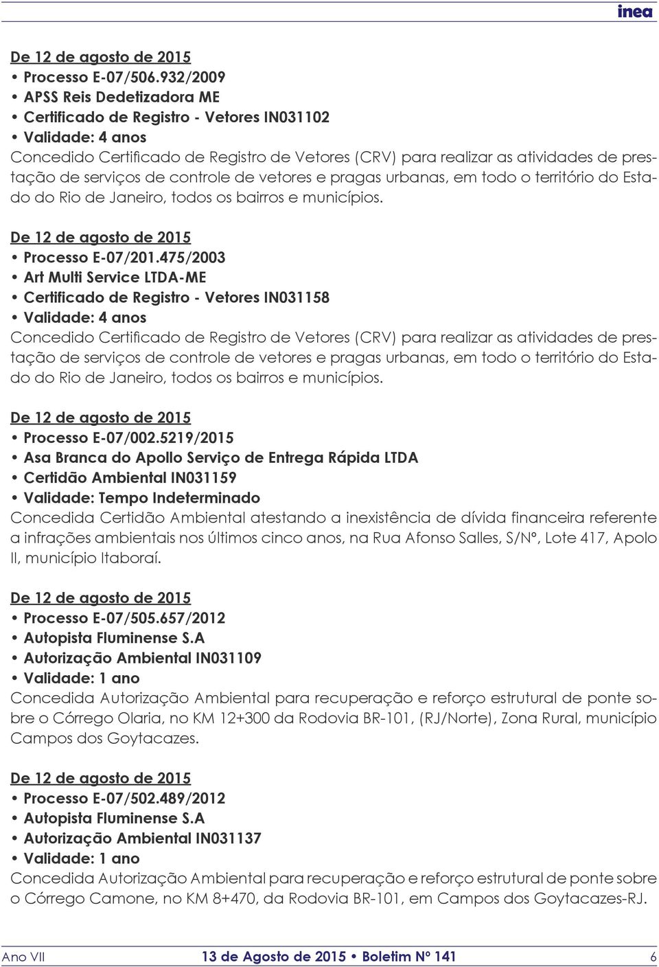 5219/2015 Asa Branca do Apollo Serviço de Entrega Rápida LTDA Certidão Ambiental IN031159 Concedida Certidão Ambiental atestando a inexistência de dívida financeira referente a infrações ambientais