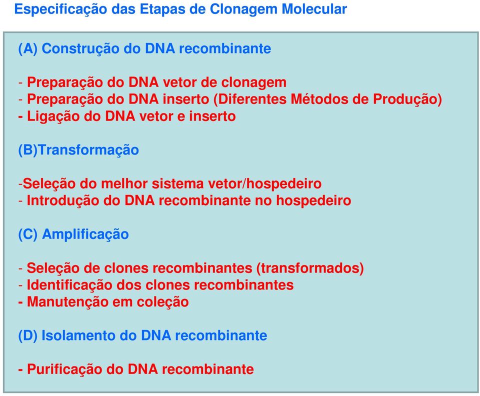 sistema vetor/hospedeiro - Introdução do DNA recombinante no hospedeiro (C) Amplificação - Seleção de clones recombinantes