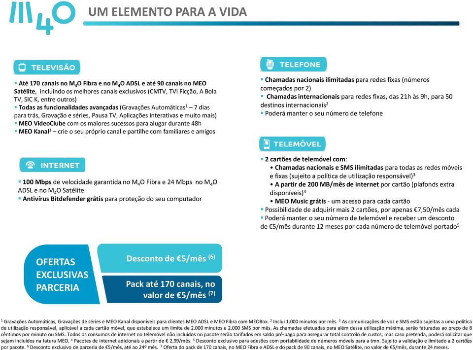 48h MEO Kanal 1 crie o seu próprio canal e partilhe com familiares e amigos Chamadas nacionais ilimitadas para redes fixas (números começados por 2) Chamadas internacionais para redes fixas, das 21h