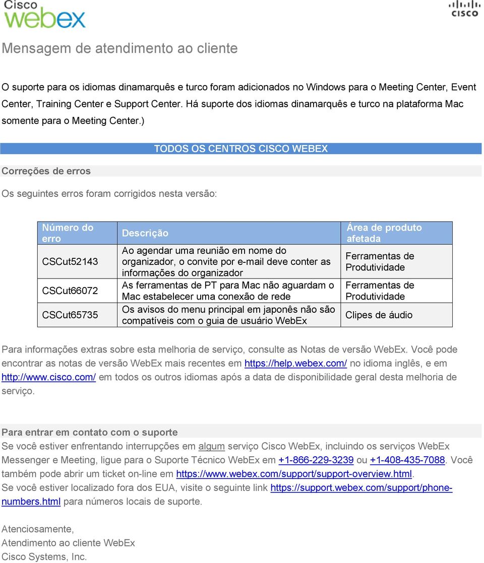 ) Correções de erros Os seguintes erros foram corrigidos nesta versão: TODOS OS CENTROS CISCO WEBEX Número do erro CSCut52143 CSCut66072 CSCut65735 Descrição Ao agendar uma reunião em nome do