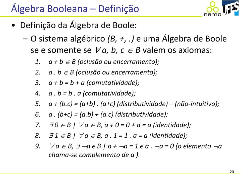 a + b = b + a (comutatividade); 4. a. b = b. a (comutatividade); 5. a + (b.c) = (a+b). (a+c) (distributividade) (não-intuitivo); 6. a. (b+c) = (a.
