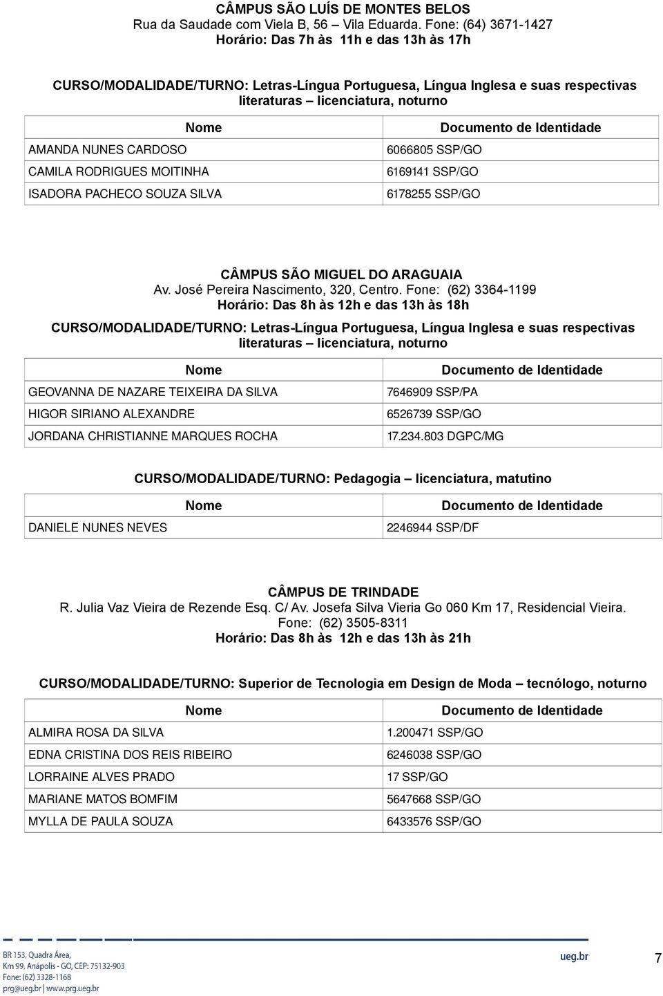 PACHECO SOUZA SILVA 6066805 SSP/GO 6169141 SSP/GO 6178255 SSP/GO CÂMPUS SÃO MIGUEL DO ARAGUAIA Av. José Pereira Nascimento, 320, Centro.