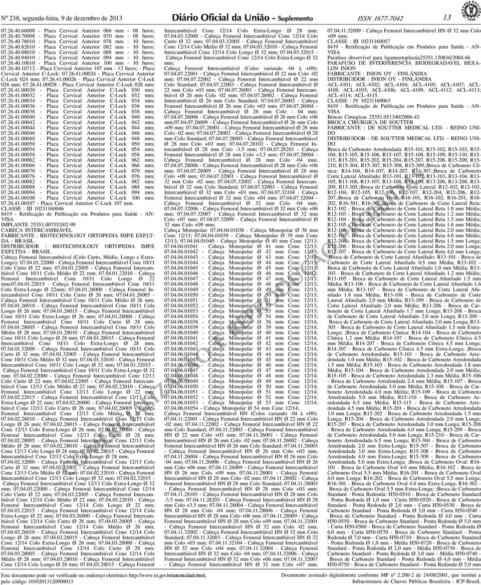 10 furos; 07264010010 - Placa Cervical Anterior 100 mm - 10 furos; 07264010712 - Placa Cervical Anterior 107 mm - 12 furos; - Placa Cervical Anterior C-Lock: 07264100024 - Placa Cervical Anterior