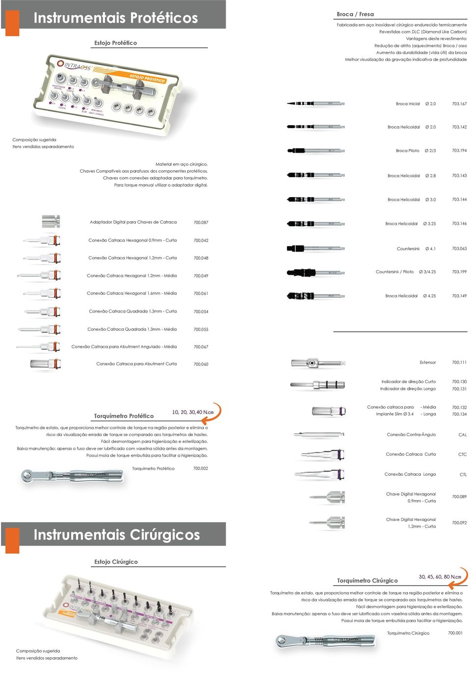 167 Broca Ø 2.0 703.142 Composição sugerida Itens vendidos separadamento Broca Piloto Ø 2/3 703.194 Material em aço cirúrgico. Chaves Compatíveis aos parafusos dos componentes protéticos.