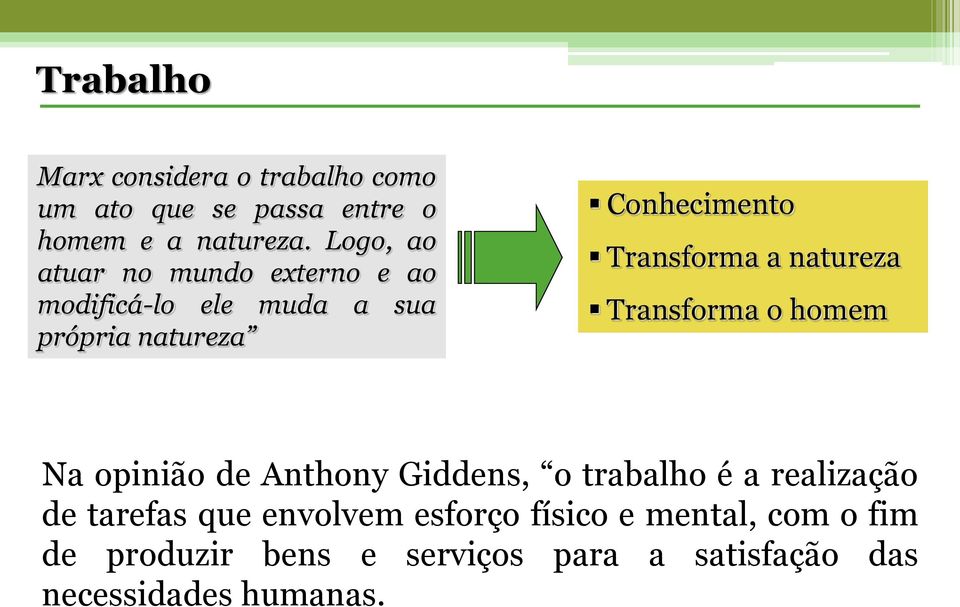 Transforma a natureza Transforma o homem Na opinião de Anthony Giddens, o trabalho é a realização de