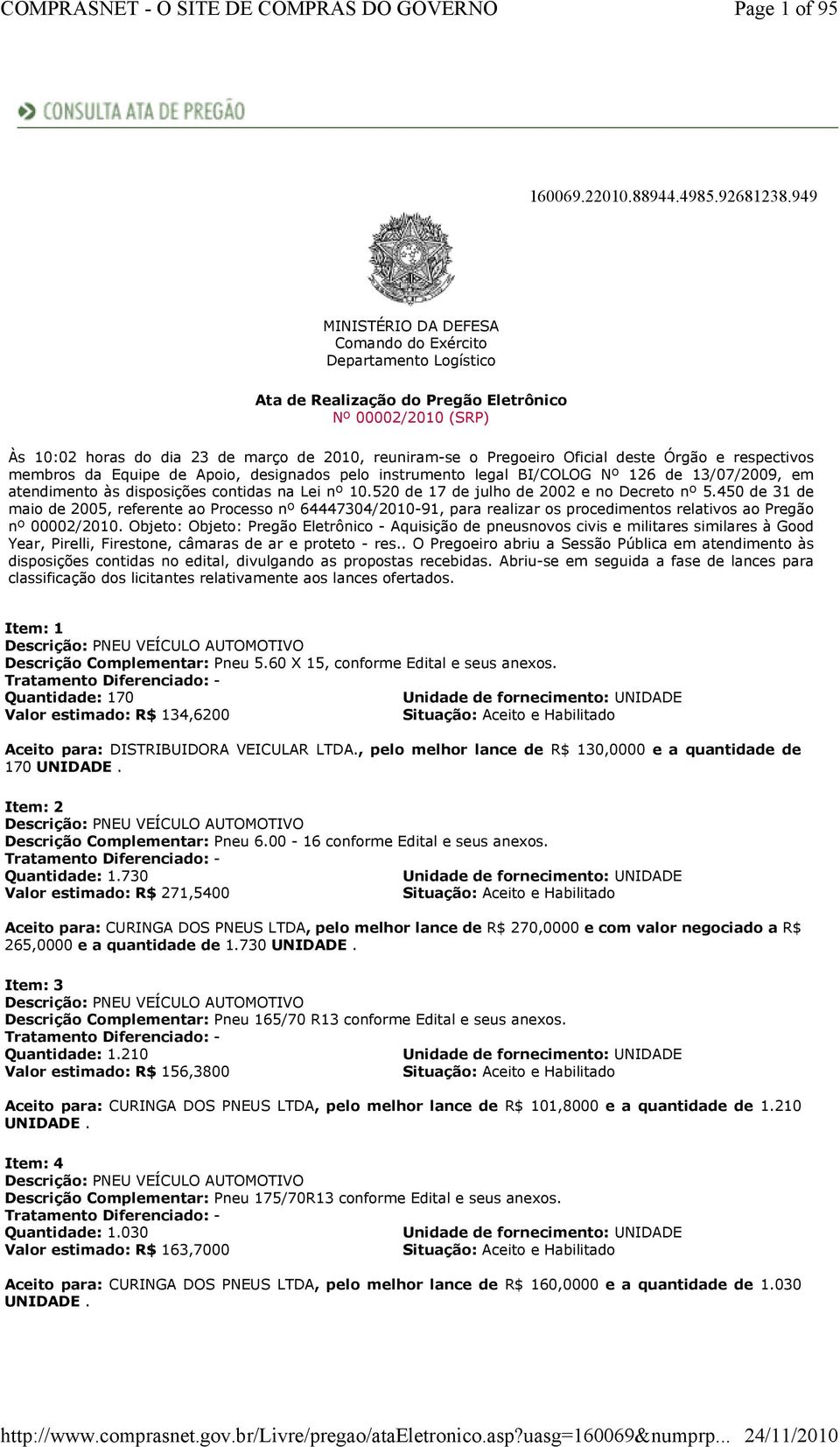 Oficial deste Órgão e respectivos membros da Equipe de Apoio, designados pelo instrumento legal BI/COLOG Nº 126 de 13/07/2009, em atendimento às disposições contidas na Lei nº 10.