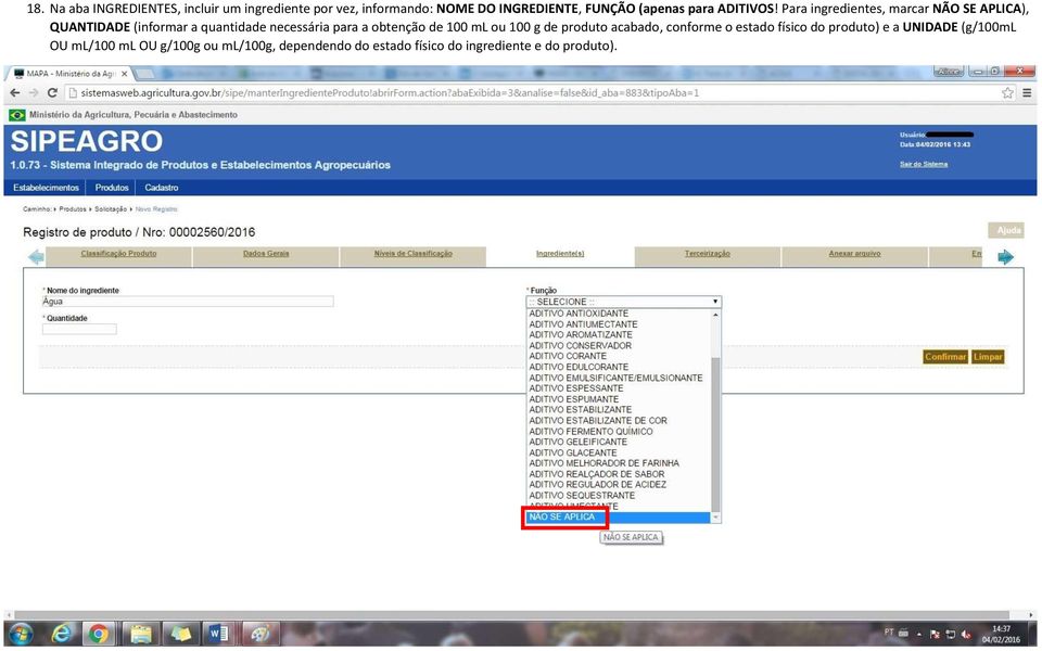 Para ingredientes, marcar NÃO SE APLICA), QUANTIDADE (informar a quantidade necessária para a obtenção