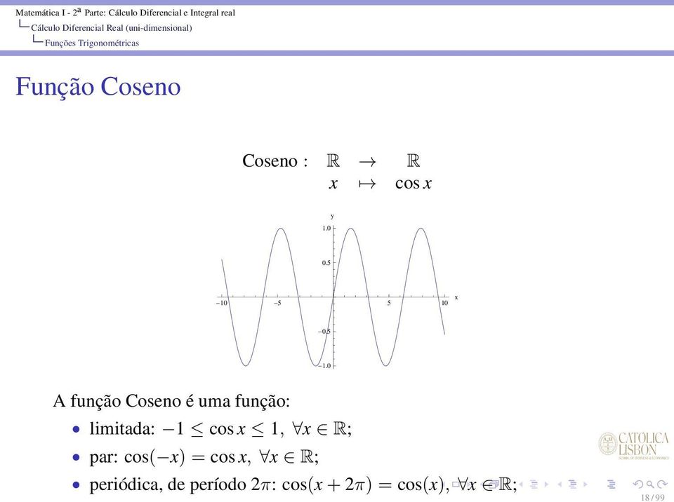 5 A função Coseno é uma função: limitada: 1 cos x 1, x