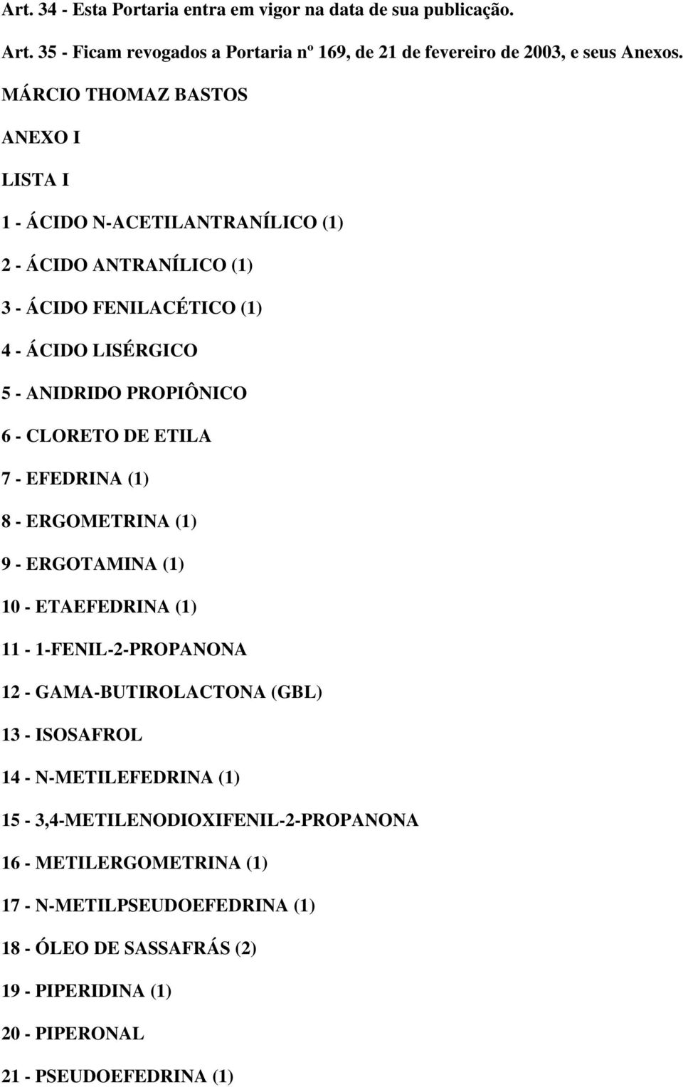 CLORETO DE ETILA 7 - EFEDRINA (1) 8 - ERGOMETRINA (1) 9 - ERGOTAMINA (1) 10 - ETAEFEDRINA (1) 11-1-FENIL-2-PROPANONA 12 - GAMA-BUTIROLACTONA (GBL) 13 - ISOSAFROL 14 -