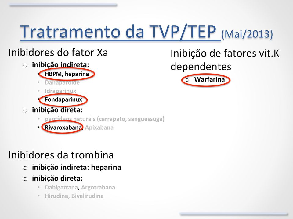 sanguessuga) Rivaroxabana, Apixabana Inibição de fatores vit.