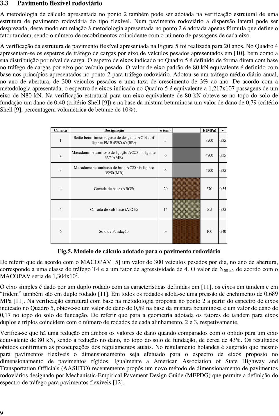 recobrimentos coincidente com o número de passagens de cada eixo. A verificação da estrutura de pavimento flexível apresentada na Figura 5 foi realizada para 20 anos.