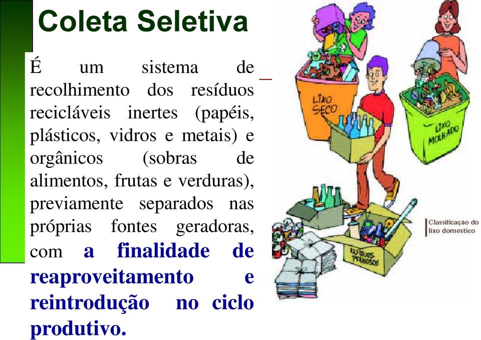 alimentos, frutas e verduras), previamente separados nas próprias fontes