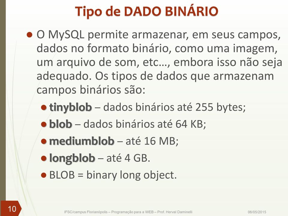 Os tipos de dados que armazenam campos binários são: tinyblob dados binários até 255