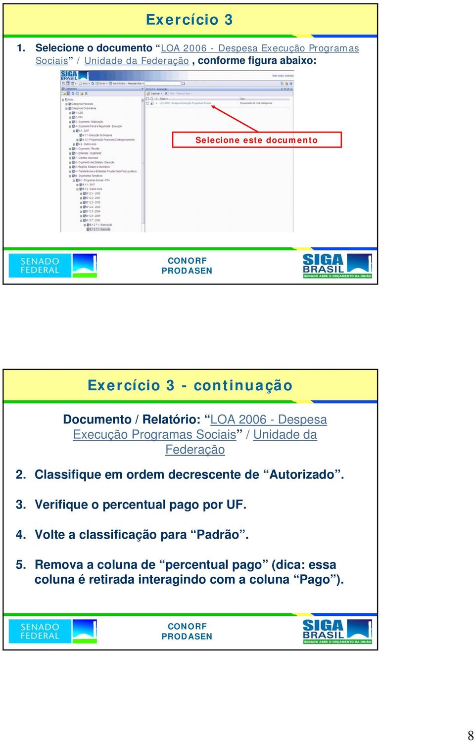 este documento Exercício 3 - continuação Documento / Relatório: LOA 2006 - Despesa Execução Programas Sociais / Unidade da