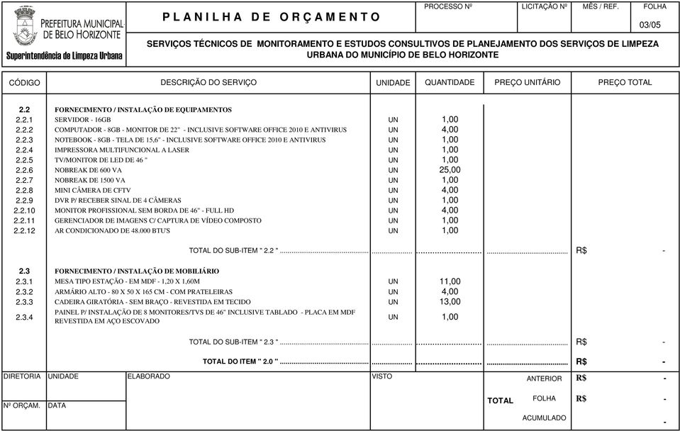 2.10 MONITOR PROFISSIONAL SEM BORDA DE 46" FULL HD UN 2.2.11 GERENCIADOR DE IMAGENS C/ CAPTURA DE VÍDEO COMPOSTO UN 2.2.12 AR CONDICIONADO DE 48.000 BTU'S UN 25,00 DO SUBITEM " 2.2 "......... 2.3 FORNECIMENTO / INSTALAÇÃO DE MOBILIÁRIO 2.