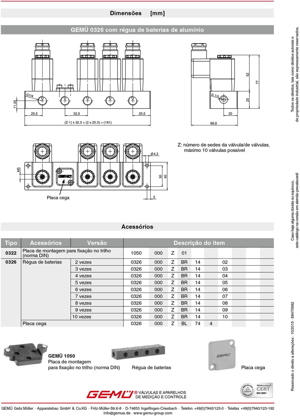 Z: número de sedes da válvula/de válvulas, máximo 10 válvulas possível Placa cega Acessórios Tipo Acessórios Versão Descrição do item 0322 Placa de montagem para fixação no trilho (norma DIN) 1050