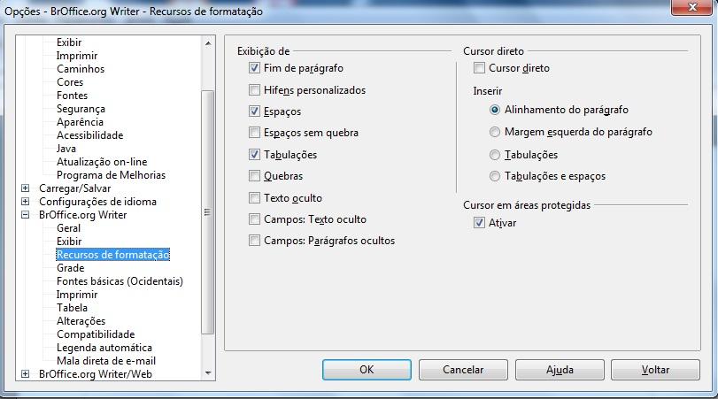 8.3.1 Marcas de Parágrafos São símbolos que indicam marcações relacionadas à formatação do parágrafo. No BrOffice pode-se configurar essas opções a partir do menu Ferramentas/Opções/BrOffice.