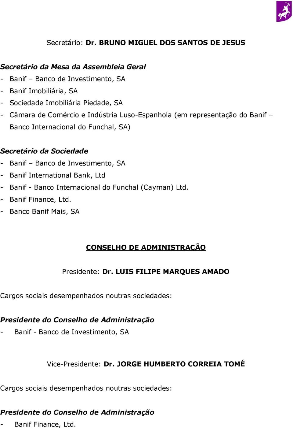 Comércio e Indústria Luso-Espanhola (em representação do Banif Banco Internacional do Funchal, SA) Secretário da Sociedade - Banif International