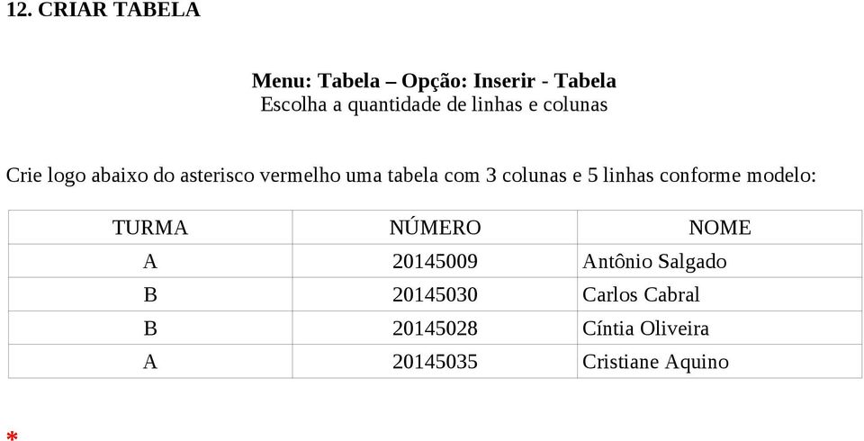 colunas e 5 linhas conforme modelo: TURMA NÚMERO NOME A 20145009 Antônio