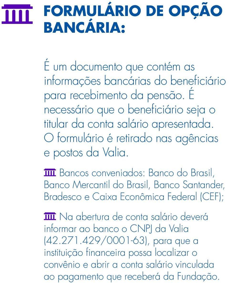 Bancos conveniados: Banco do Brasil, Banco Mercantil do Brasil, Banco Santander, Bradesco e Caixa Econômica Federal (CEF); Na abertura de conta salário