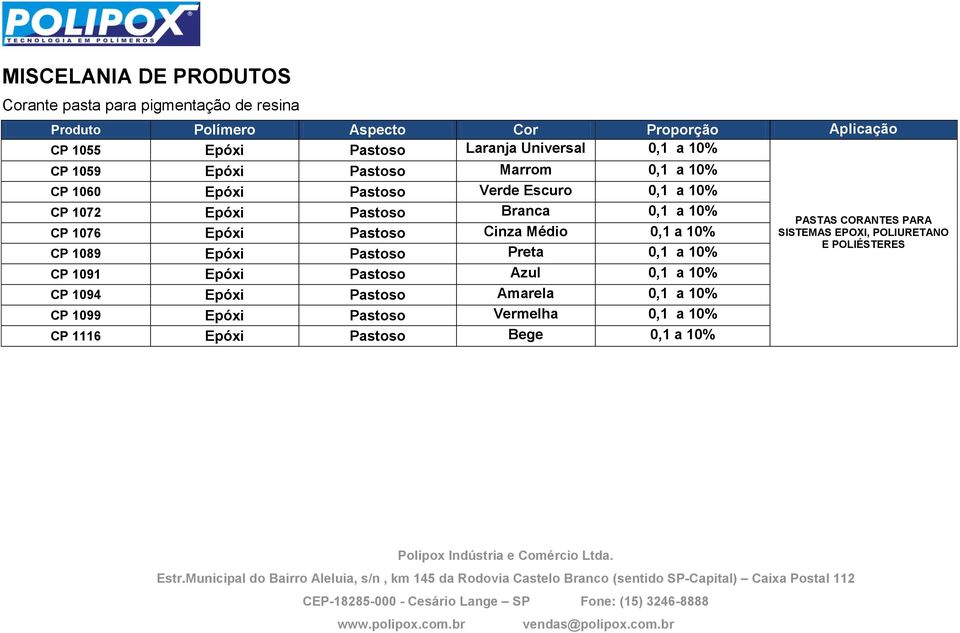 1076 Epóxi Pastoso Cinza Médio 0,1 a 10% CP 1089 Epóxi Pastoso Preta 0,1 a 10% CP 1091 Epóxi Pastoso Azul 0,1 a 10% CP 1094 Epóxi Pastoso Amarela